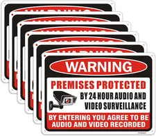 (6 Pack) Premises Protected by 24 Hour Audio and Video Surveillance Signs