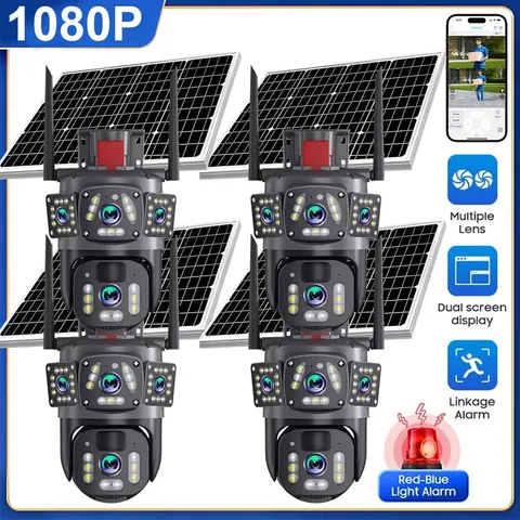 1080P Solar WiFi Camera 3-Lens Outdoor PTZ Night Vision Cameras Surveillance LOT