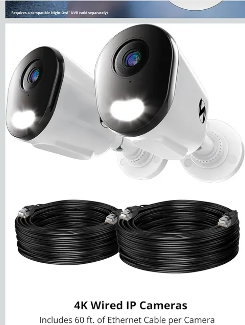 Pair - Night Owl CM-FTN12LS-B, 12MP  POE Powered Camera with 60Ft Ethernet Cord