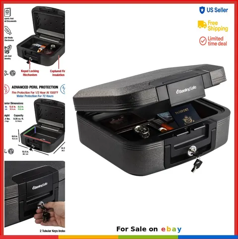 Fire Water Resistant Chest Safe 0.28 Cu Ft Key Lock Portable Document Storage