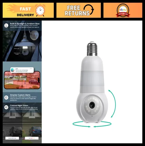 Wireless Security Camera Light Bulb, 360° Pan Tilt, Color Night Vision, Wi-Fi In
