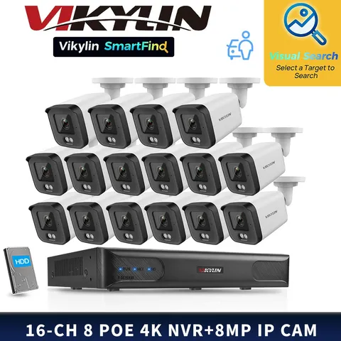 VIKYLIN SmartFind MD 8POE 16CH NVR Ethernet Night Version 8MP IP Camera Kit Lot