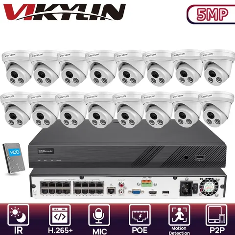 Vikylin CCTV System 16CH NVR Turret Night Version MIC POE 5MP IP Camera Set lot
