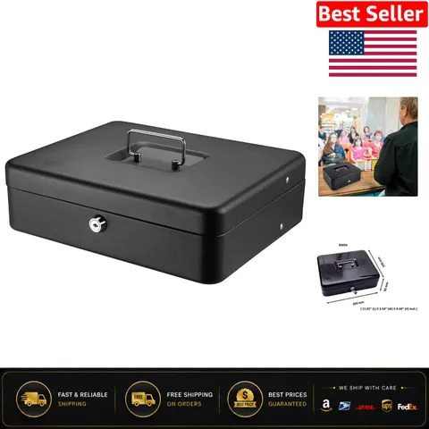 Elegant Black Portable Cash Box with Key Lock & Removable Cash Tray - 0.21 Cu Ft