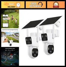 Dual-Lens Solar Security Cameras Wireless Outdoor 2 Pack, 2K Color Night Vision,