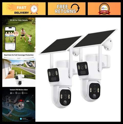 Dual-Lens Solar Security Cameras Wireless Outdoor 2 Pack, 2K Color Night Vision,