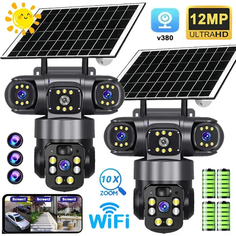 3 Lens 12MP Solar Battery Home Security Camera Outdoor Wifi Wireless PTZ CCTV US