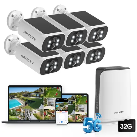 4MP Security Cameras Solar Powered Outdoor Wireless 6 Cam-Kit Color Night Vision