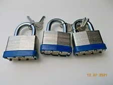 3 New Laminated 2" (50mm) Padlocks, Heavy Duty, Hardened Shackles, Keyed Alike