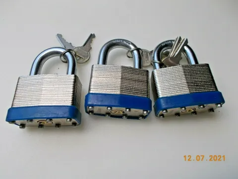 3 New Laminated 2" (50mm) Padlocks, Heavy Duty, Hardened Shackles, Keyed Alike