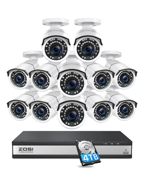 ZOSI H.265+1080p 16CH DVR Security Camera System 12pcs CCTV Outdoor Cameras 4TB