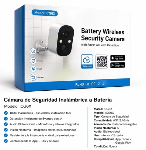 Wireless Battery Security Camera iCG6X AI Motion Detection WiFi Night Vision New