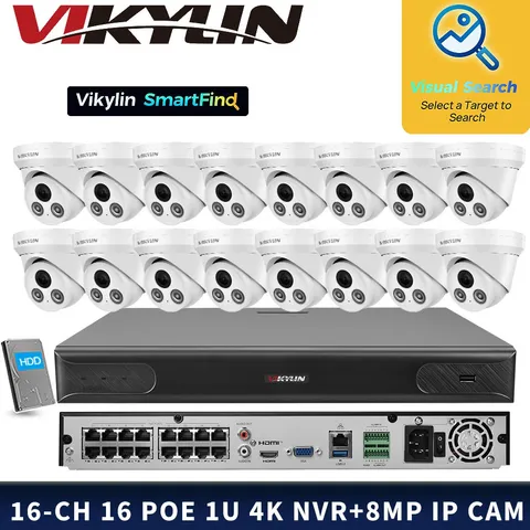 VIKYLIN SmartFind 16POE 16CH NVR System Full Color Night light 8MP IP Camera Lot
