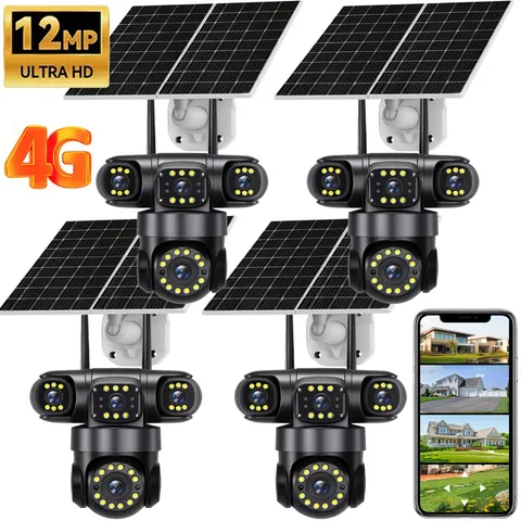 16MP 4G SIM Solar Security IP Camera Outdoor 4 Lens PTZ CCTV Motion Detection