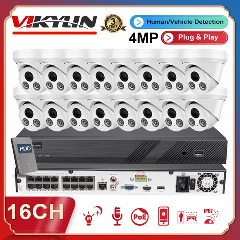 Vikylin 16ch CCTV System 4MP IP Camera Mic IR 30m Home Outdoor 4K 16POE NVR Lot