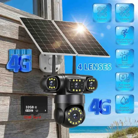 16MP 4G SIM Solar Security IP Camera Outdoor 4 Lens CCTV Motion Detection PTZ US