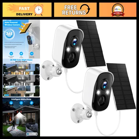 2-Pack Wireless Solar Security Cameras Outdoor, 2K Color Night Vision, Two-Way T