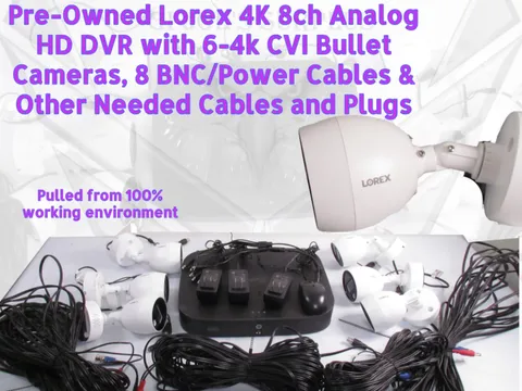 Used Lorex Security 4K 8ch Analog HD DVR 6 White Cameras Cables Surveillance HRF