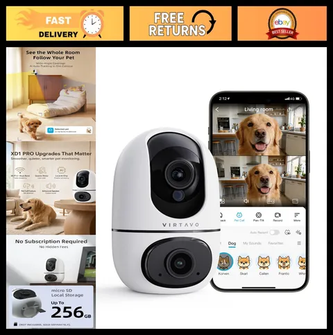 Indoor WiFi Pet Camera for Dogs & Cats - 360° Auto Tracking, 2-Way Audio, Night