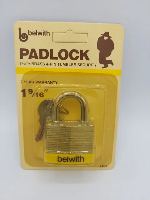 Belwith 1 9/16" Steel Padlock #4403, Brass 4-Pin Tumbler, NOS 1984, NEW & SEALED