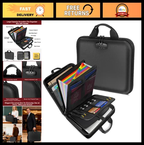 Fireproof Document Organizer Box with Lock, Portable Accordion File Folder, Safe