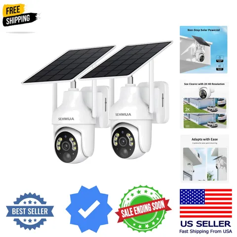 2K Solar Security Cameras Wireless Outdoor, 2 Pack 360° View Pan/Tilt WiFi Se...