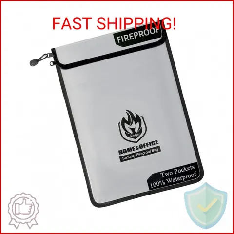 Upgraded Two Pockets Fireproof Document Bag (2000℉), andyer 15”x 11”Waterproof F