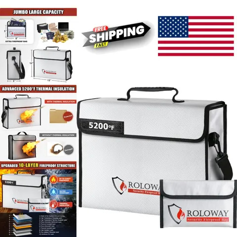 Large Fireproof Document Bag 15 x 12 x 5 Inches Silicone Fiberglass Silver