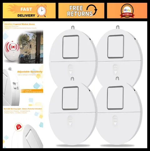 Ultra-Loud 120dB Window Alarm System 4-Pack - Vibration Sensors & Glass Break De