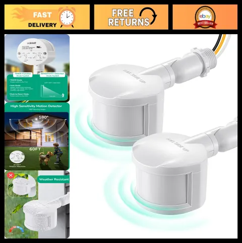 2 Pack 180° Motion Sensor Lights, Adjustable 60FT Range, 3 Modes, Rotatable Neck