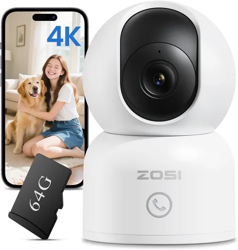 ZOSI 4K Security Camera WiFi Pan/Tilt  360° View Night Vision Home Cam 64GB Card