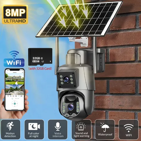 8MP Solar Powered Camera Cam Wifi Night Vision Dual Lens Dual Screen USA