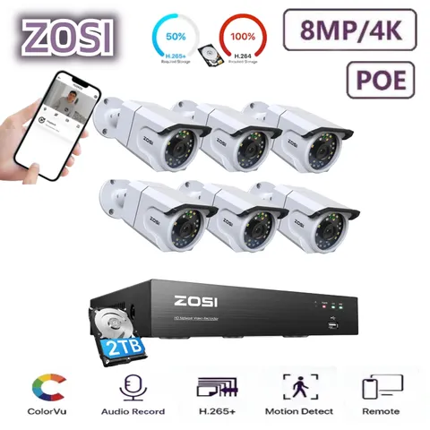 ZOSI 4K 8Ch NVR POE Security Cameras System Ip67 Human Detection 2TB HDD Audio