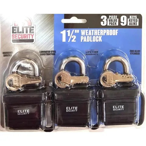 Elite Security 3-Pack 1.5" Weatherproof Padlocks – Keyed Alike (9 Keys)