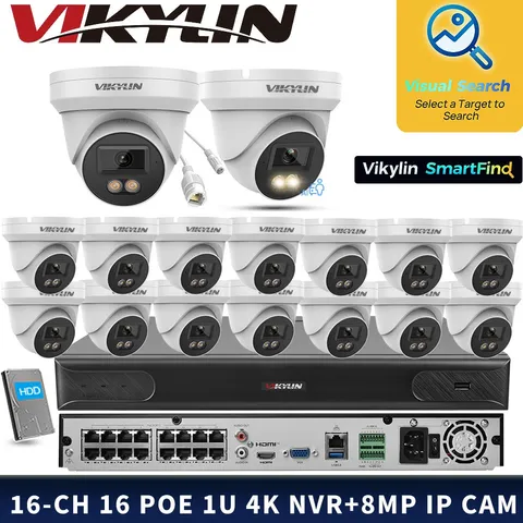 Vikylin Smartfind 16POE 16CH NVR System 24H Color MIC 8MP 4K Mini IP Camera Lot