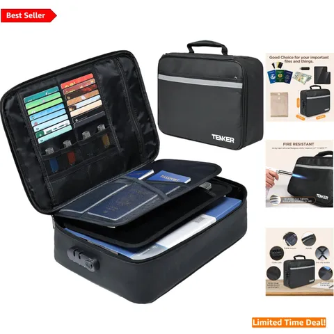 Stylish Portable Document Organizer: Fire & Water-Resistant Case with Lock 15x11