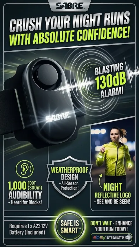 SABRE Runner Personal Alarm 130 dB Black Wristband Night Reflective Logo