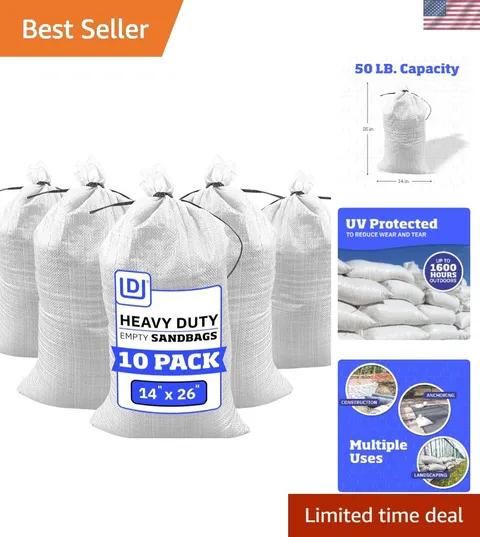 Heavy Duty UV-Treated Sandbags - 50 lbs Capacity, 14x26 inches, Pack of 10