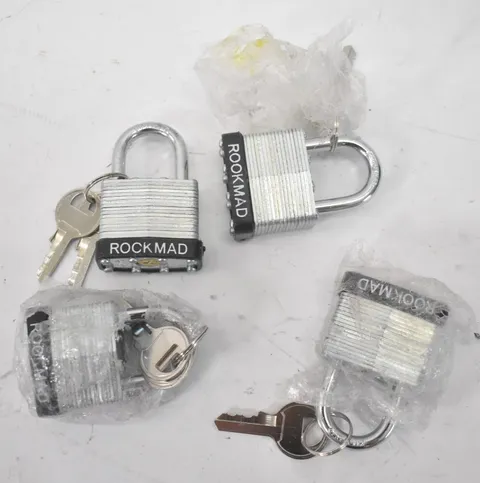 Lot of 4 Rock Mad Short Shackle Padlocks Mini 40mm w Keys Keyed Differently