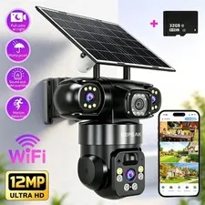 12MP Triple‑Lens WIFI Security Camera Solar &Battery Powered 360°PTZ Cam Outdoor