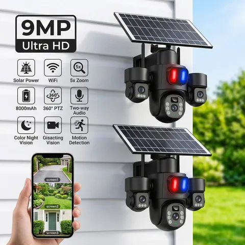 9MP Outdoor Solar Battery Home Security Camera Wifi Wireless 3 Lens PTZ CCTV US