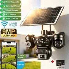 3-Lens 3-Screen Solar Security Camera 9MP WiFi Night Vision Outdoor IR PTZ Cam
