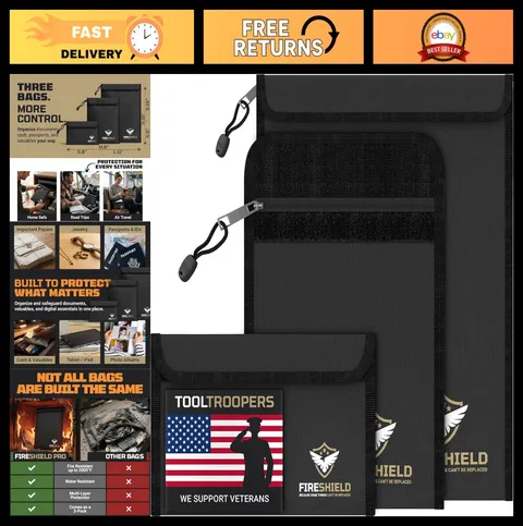 Fireproof Document Bag 3-Pack - 2000°F Heat & Water Resistant Storage for Cash,