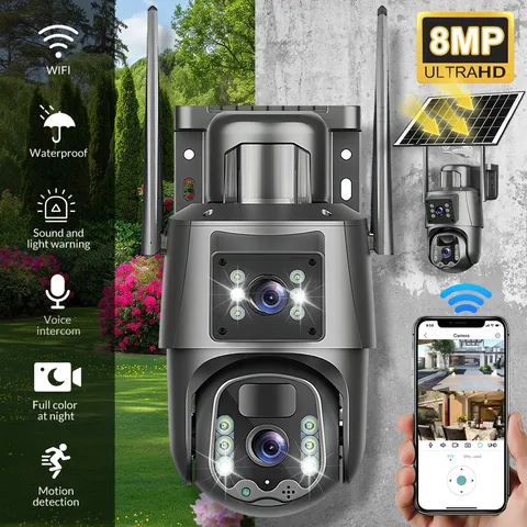 1-4Pack Solar Security Cameras System Outdoor Battery Powered WiFi 2-Lens Camera