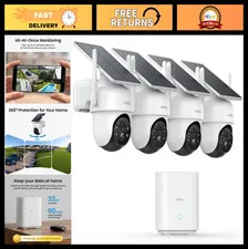 Wireless Outdoor Security Camera System - 4 Cam Kit, Solar-Powered, 360° Pan & T