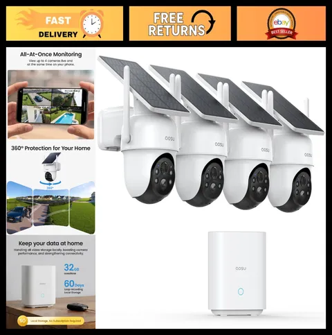 Wireless Outdoor Security Camera System - 4 Cam Kit, Solar-Powered, 360° Pan & T