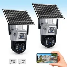 2Pack 6MP Dual Lens Solar Camera IP66 Waterproof Outdoor Security Cam + 64G Card