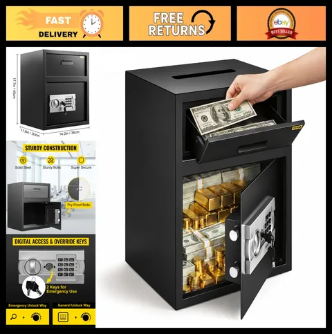 Digital Depository Safe 1.7 Cu Ft - Electronic Code Lock, Deposit Slot, 2 Keys,
