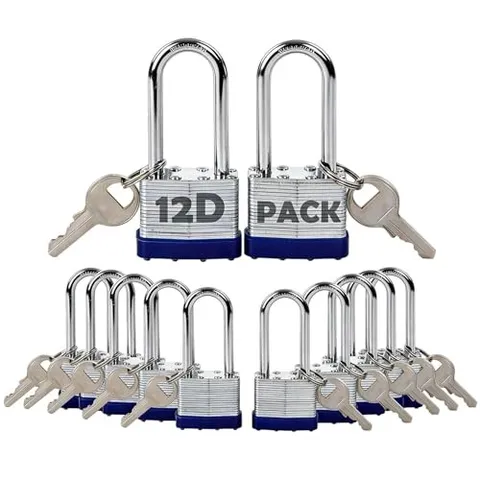 SEPOX 12Pcs Heavy-Duty Steel Laminated Padlocks w/ 2 Keys, Long Shackle for