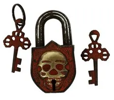 Skull Engraved Door Lock Antique Vintage Style Handmade Brass Padlock & Keys